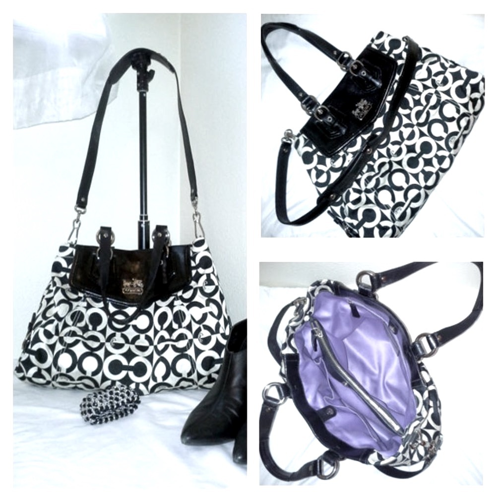 COACH Black & White Shoulder Bag Gun Metal Tone Hardware